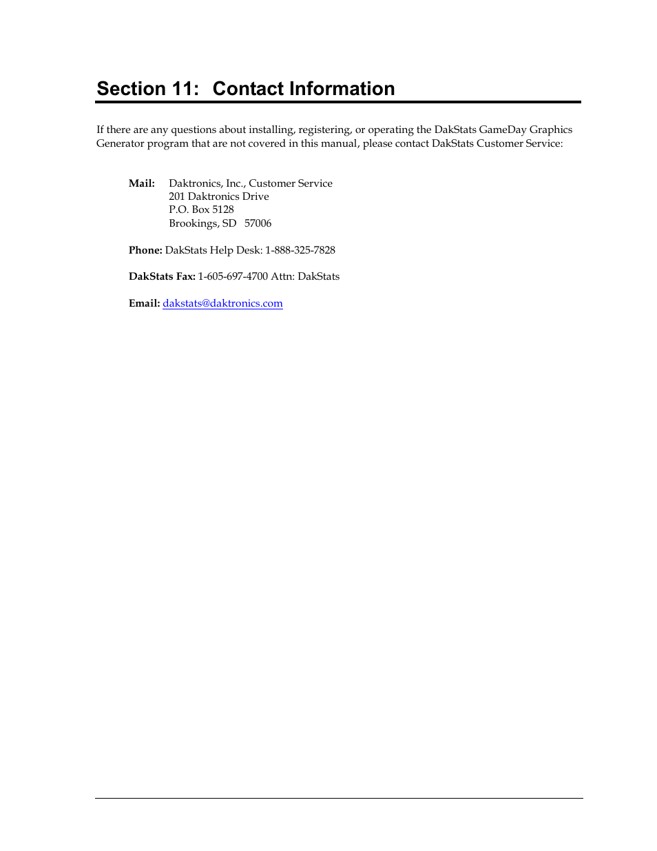 Section 11: contact information, Section 11, Contact information | Daktronics DakStats GameDay Graphics Generator User Manual | Page 35 / 35