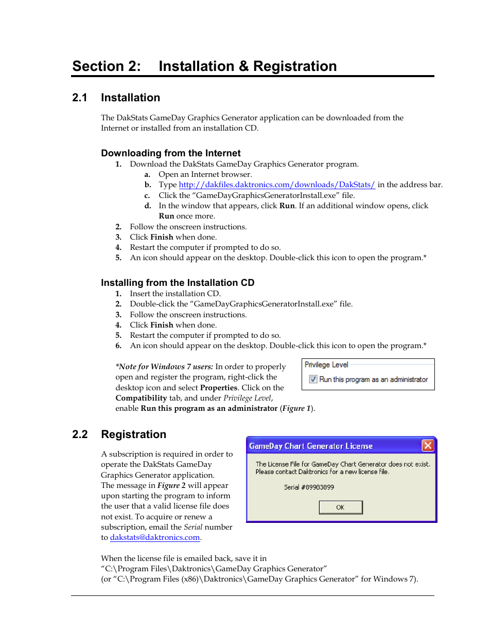 Section 2: installation & registration, 1 installation, Downloading from the internet | Installing from the installation cd, 2 registration, Section 2, Installation & registration, Installation, Registration | Daktronics DakStats GameDay Graphics Generator User Manual | Page 9 / 35