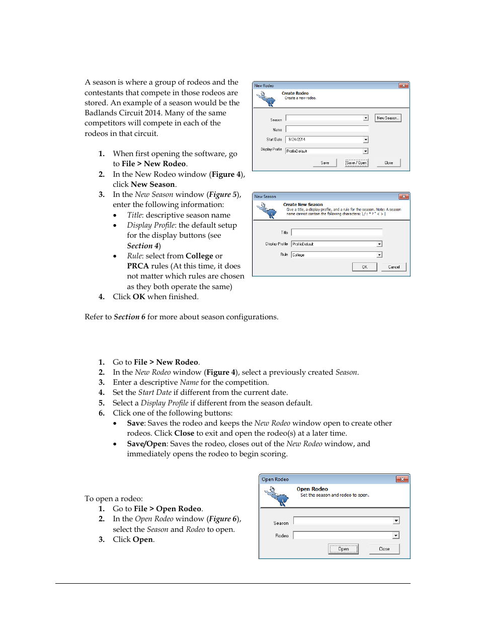 1 creating new seasons, 2 creating new rodeos, 3 opening a rodeo | Creating new seasons, Creating new rodeos, Opening a rodeo | Daktronics DakStats 3000 Rodeo User Manual | Page 10 / 37