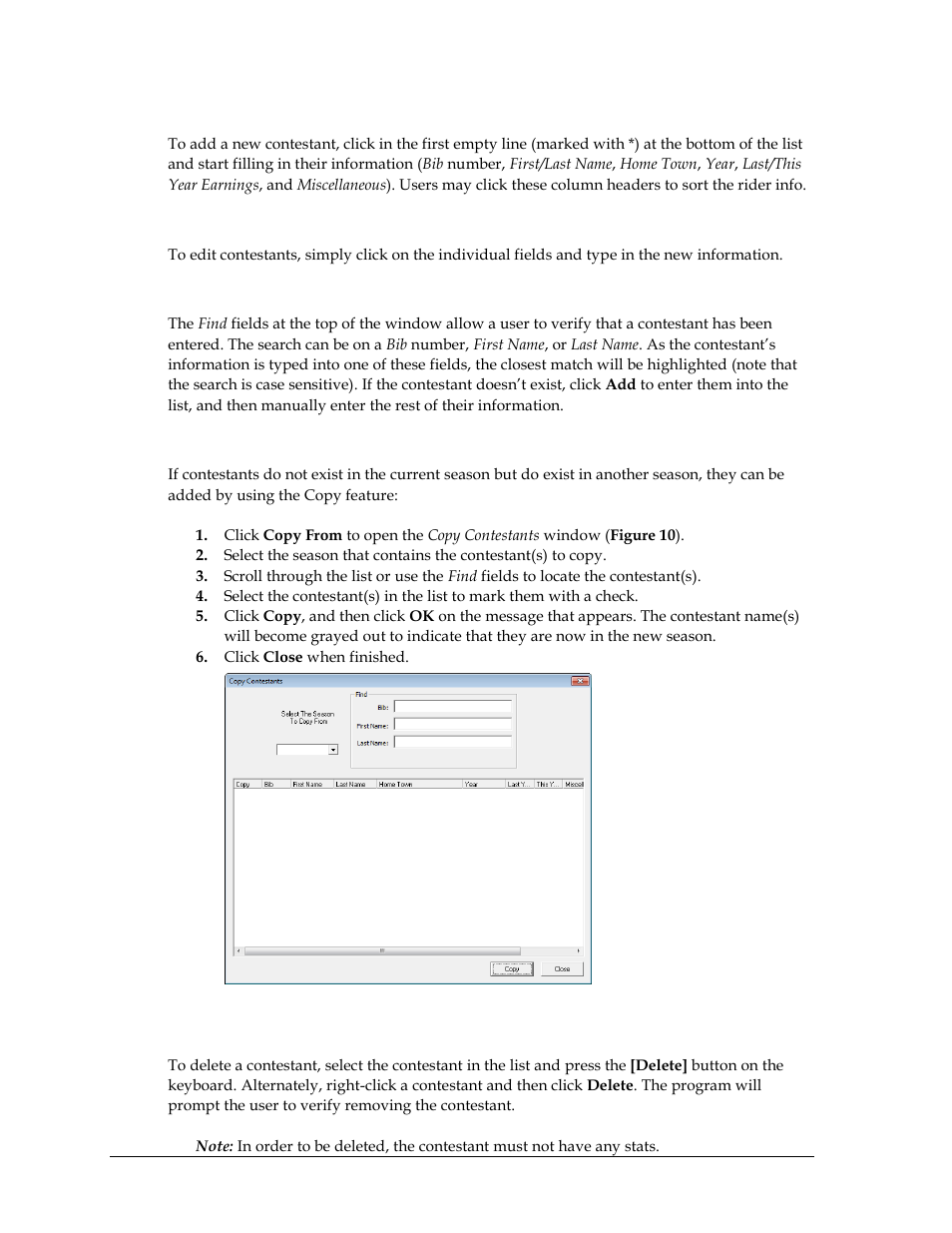 Adding contestants, Editing contestants, Finding contestants | Copying contestants, Deleting contestants | Daktronics DakStats 3000 Rodeo User Manual | Page 14 / 37