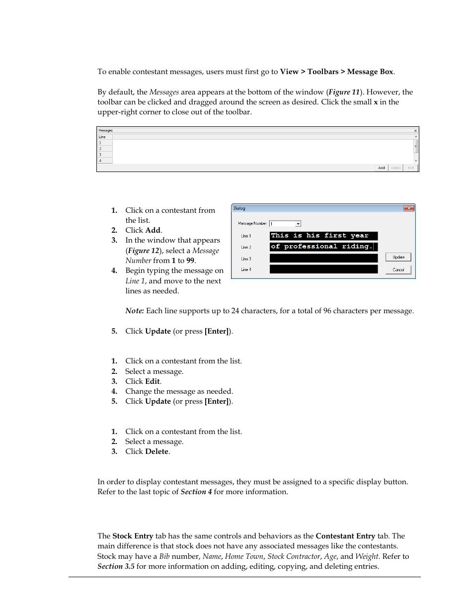 Contestant messages, Adding new messages, Editing messages | Deleting messages, Displaying messages, 6 stock entry, Stock entry, On 3.6 ) | Daktronics DakStats 3000 Rodeo User Manual | Page 15 / 37