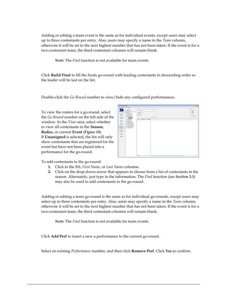 Team event, Building finals, Go-round entry | Individual events, Adding performances, Removing performances | Daktronics DakStats 3000 Rodeo User Manual | Page 18 / 37