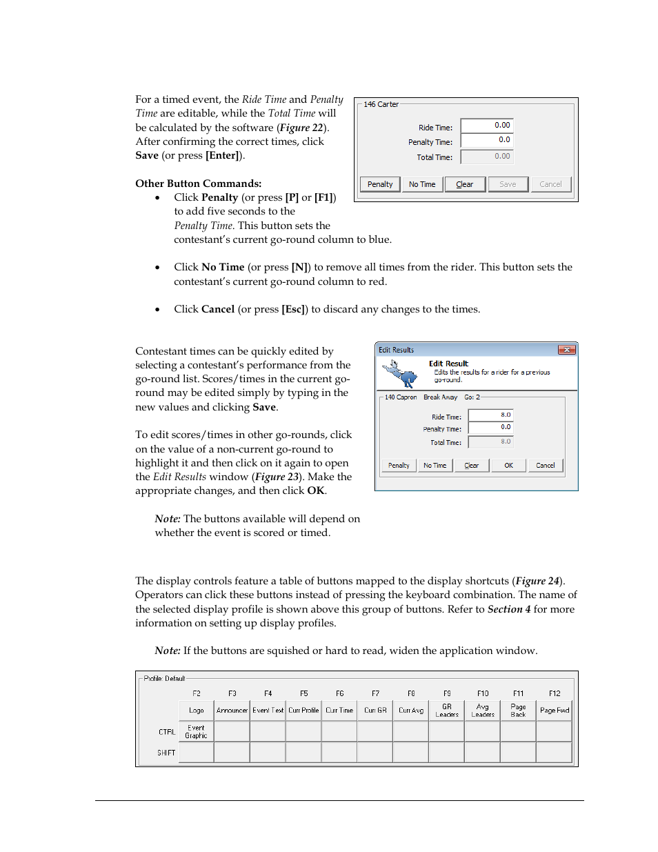 Timed events, Editing results, Display buttons | Daktronics DakStats 3000 Rodeo User Manual | Page 21 / 37