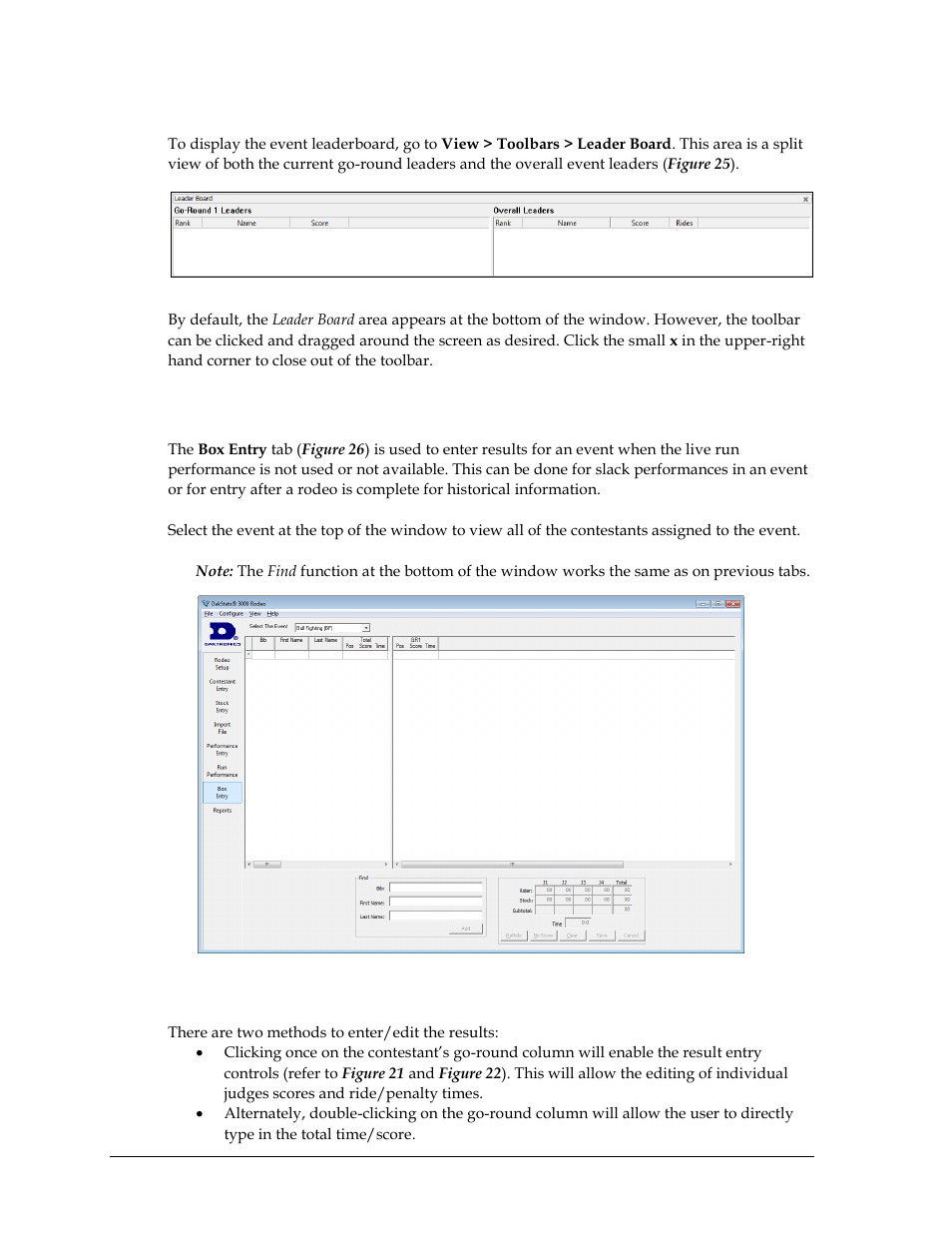 Leaderboard, 10 box entry, Entering/editing results | Box entry | Daktronics DakStats 3000 Rodeo User Manual | Page 22 / 37