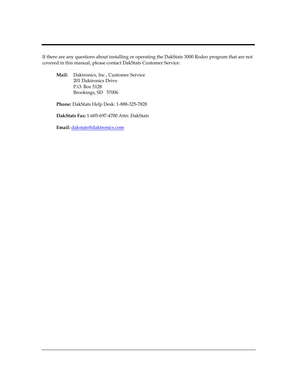 Section 7: contact information, Section 7, Contact information | Daktronics DakStats 3000 Rodeo User Manual | Page 33 / 37