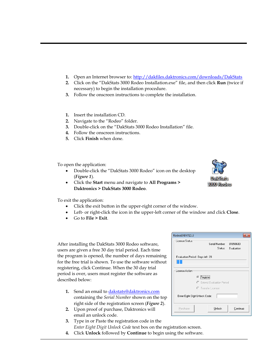 Section 2: installation & registration, 1 installation, Downloading from the internet | Installing from the installation cd, 2 opening & exiting the application, 3 registration, Section 2, Installation & registration, Installation, Opening & exiting the application | Daktronics DakStats 3000 Rodeo User Manual | Page 7 / 37