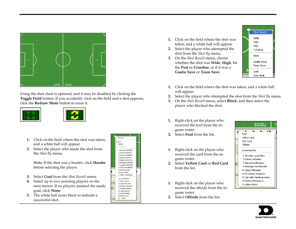 Using the shot chart, Made shots, Attempted shots | Blocked shots, Fouls, Cards, Offsides, Dakstats, Soccer quick start guide 3 of 7 | Daktronics DakStats Soccer User Manual | Page 3 / 7