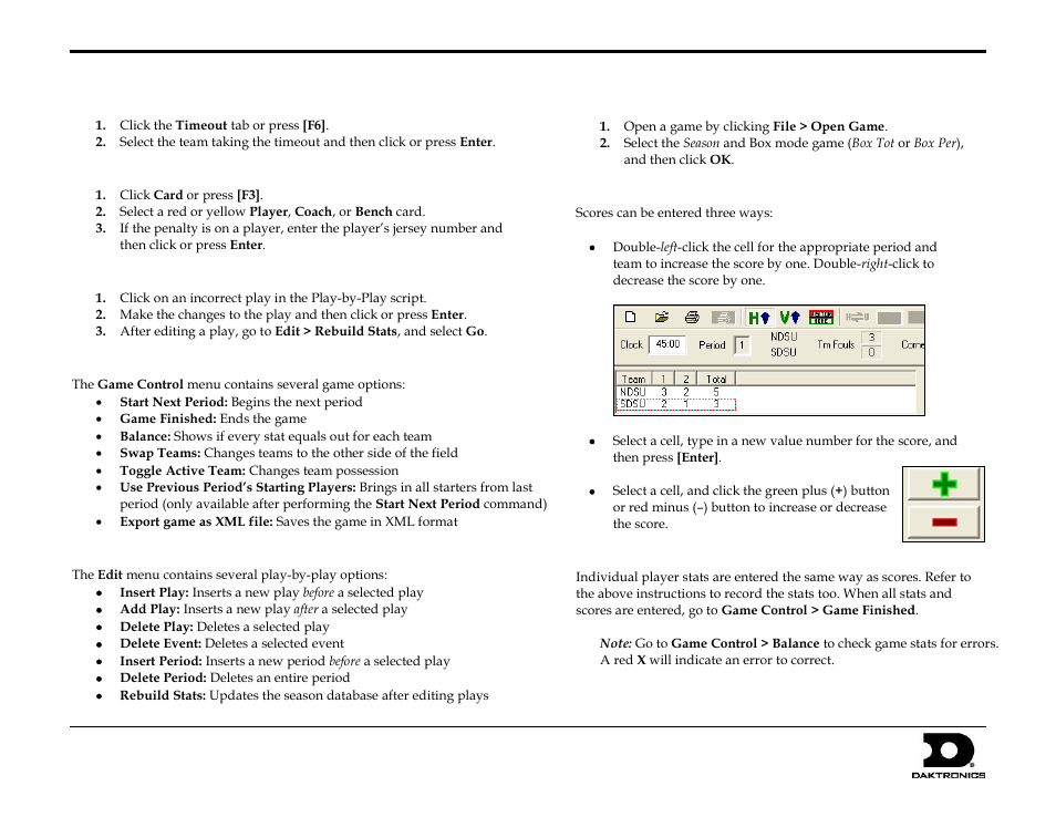 Taking timeouts, Entering penalties, Editing plays | Game control, Edit, Box mode entry, Entering scores, Entering stats, Dakstats, Soccer quick start guide 5 of 7 | Daktronics DakStats Soccer User Manual | Page 5 / 7