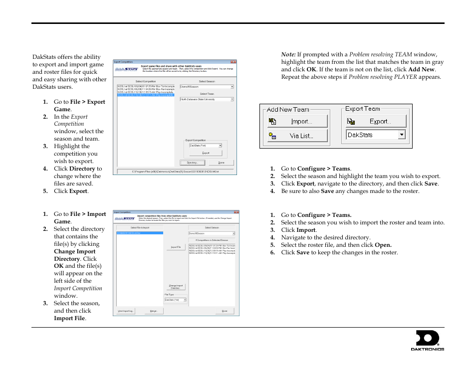 Exporting game files, Importing game files, Importing & exporting rosters | Exporting rosters, Importing rosters, Dakstats, Soccer quick start guide 7 of 7 | Daktronics DakStats Soccer User Manual | Page 7 / 7