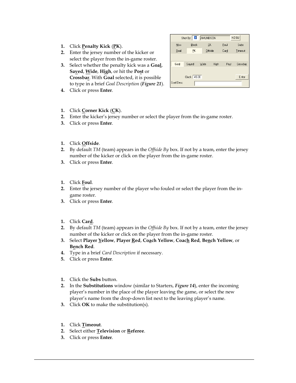 Penalty kicks, Corner kicks, Offsides | Fouls, Cards, Substitutions, Timeouts | Daktronics DakStats Soccer User Manual | Page 26 / 65