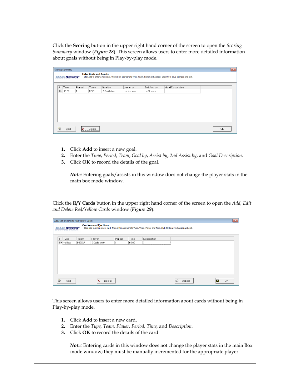 Scoring summary, Red/yellow cards | Daktronics DakStats Soccer User Manual | Page 32 / 65