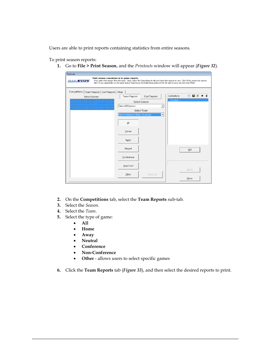 3 season reports, Season reports, Section 6.3 ) | Daktronics DakStats Soccer User Manual | Page 34 / 65