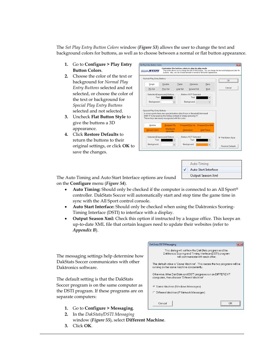 4 play entry button colors, 5 auto start options, 6 messaging | Play entry button colors, Auto start options, Messaging | Daktronics DakStats Soccer User Manual | Page 47 / 65