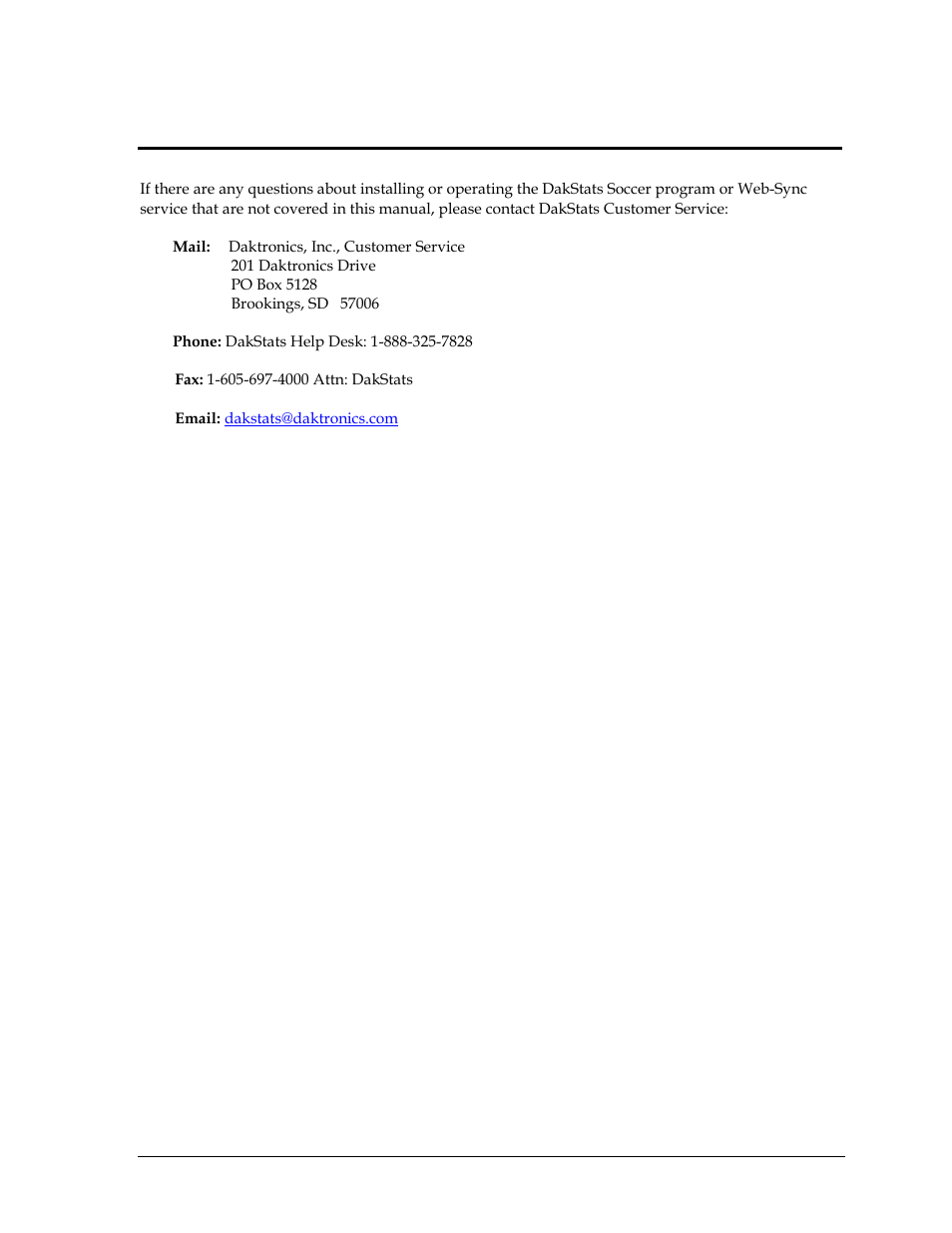 Section 10: contact information, Section 10, Contact information | Daktronics DakStats Soccer User Manual | Page 55 / 65