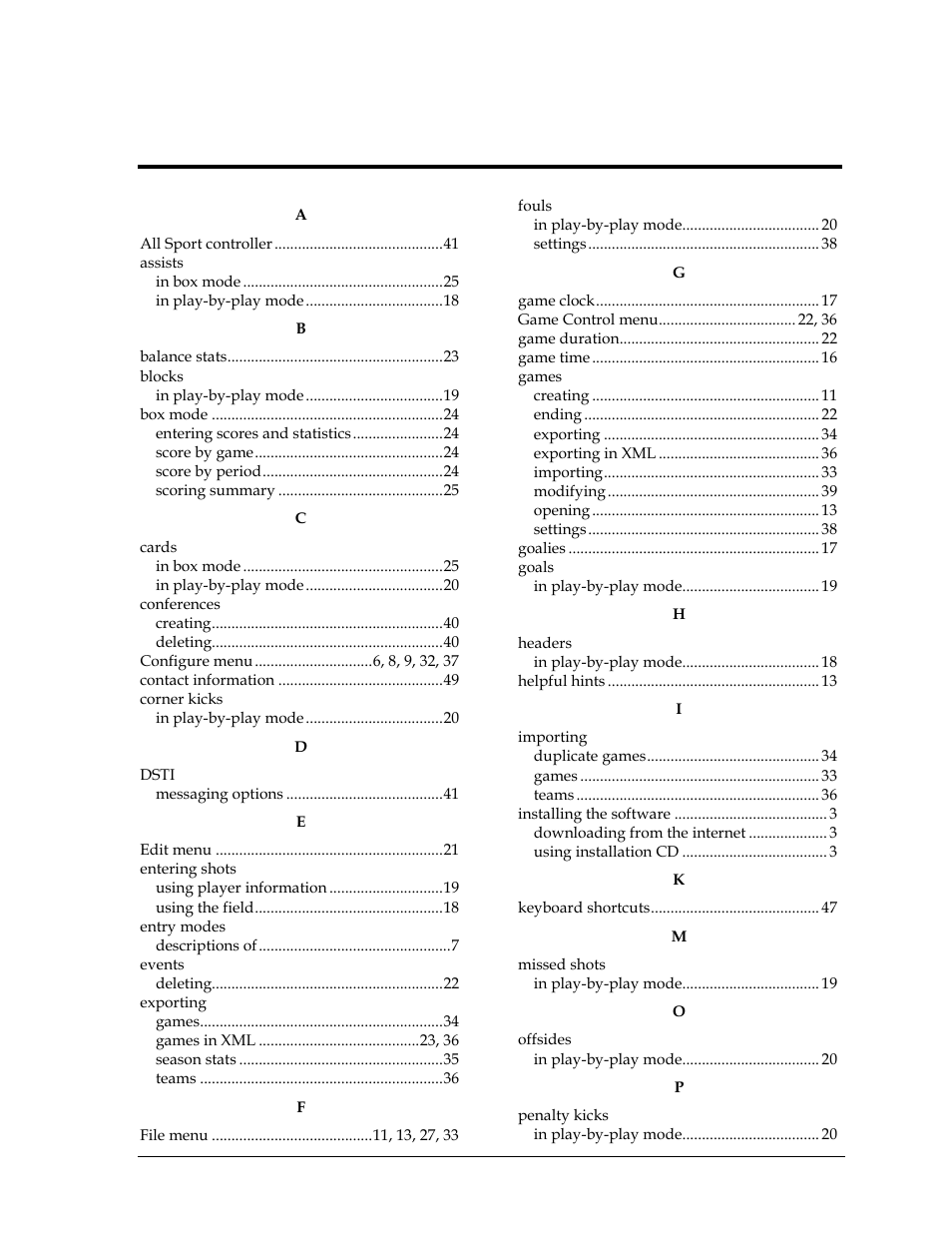 Index | Daktronics DakStats Soccer User Manual | Page 57 / 65