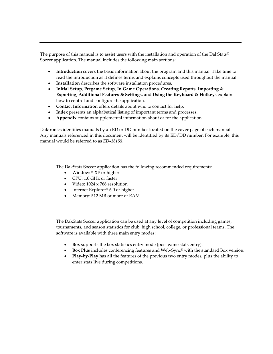 Section 1: introduction, 1 system requirements, 2 levels of play | Section 1, Introduction, System requirements, Levels of play | Daktronics DakStats Soccer User Manual | Page 7 / 65