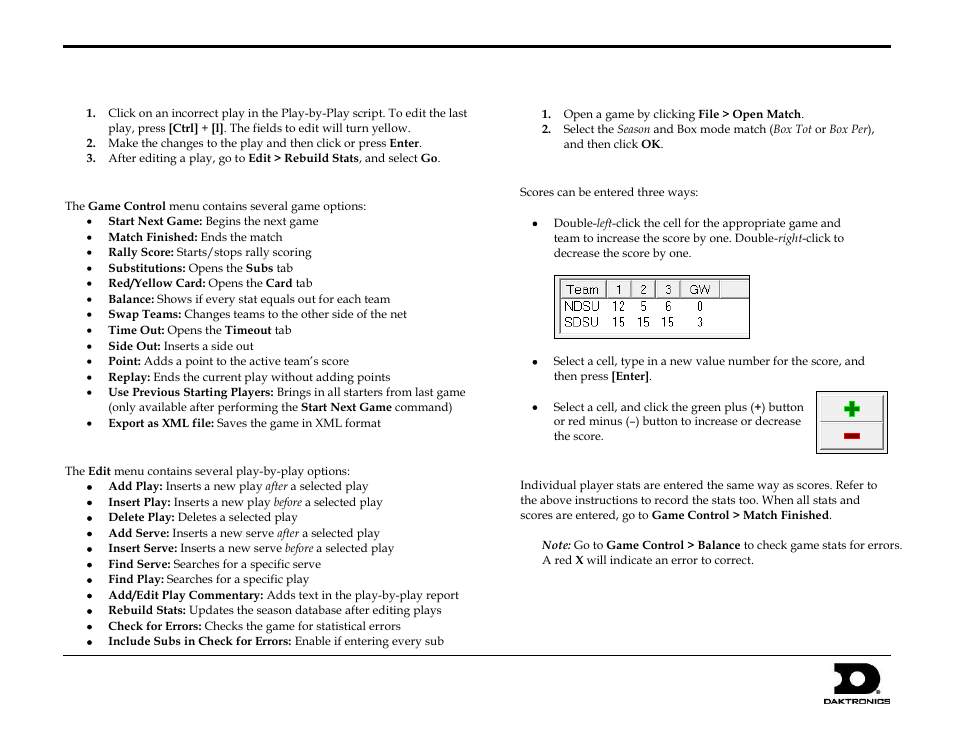 Editing plays, Game control, Edit | Box mode entry, Entering scores, Entering stats, Dakstats, Volleyball quick start guide 4 of 7 | Daktronics DakStats Volleyball User Manual | Page 4 / 7