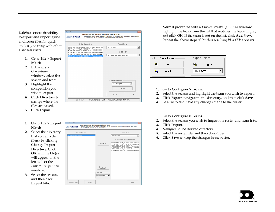 Exporting match files, Importing match files, Importing & exporting rosters | Exporting rosters, Importing rosters, Dakstats, Volleyball quick start guide 6 of 7 | Daktronics DakStats Volleyball User Manual | Page 6 / 7