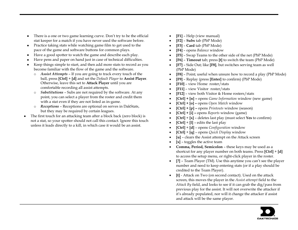 Play-by-play tips & tricks, Keyboard hot keys, Dakstats | Volleyball quick start guide 7 of 7 | Daktronics DakStats Volleyball User Manual | Page 7 / 7