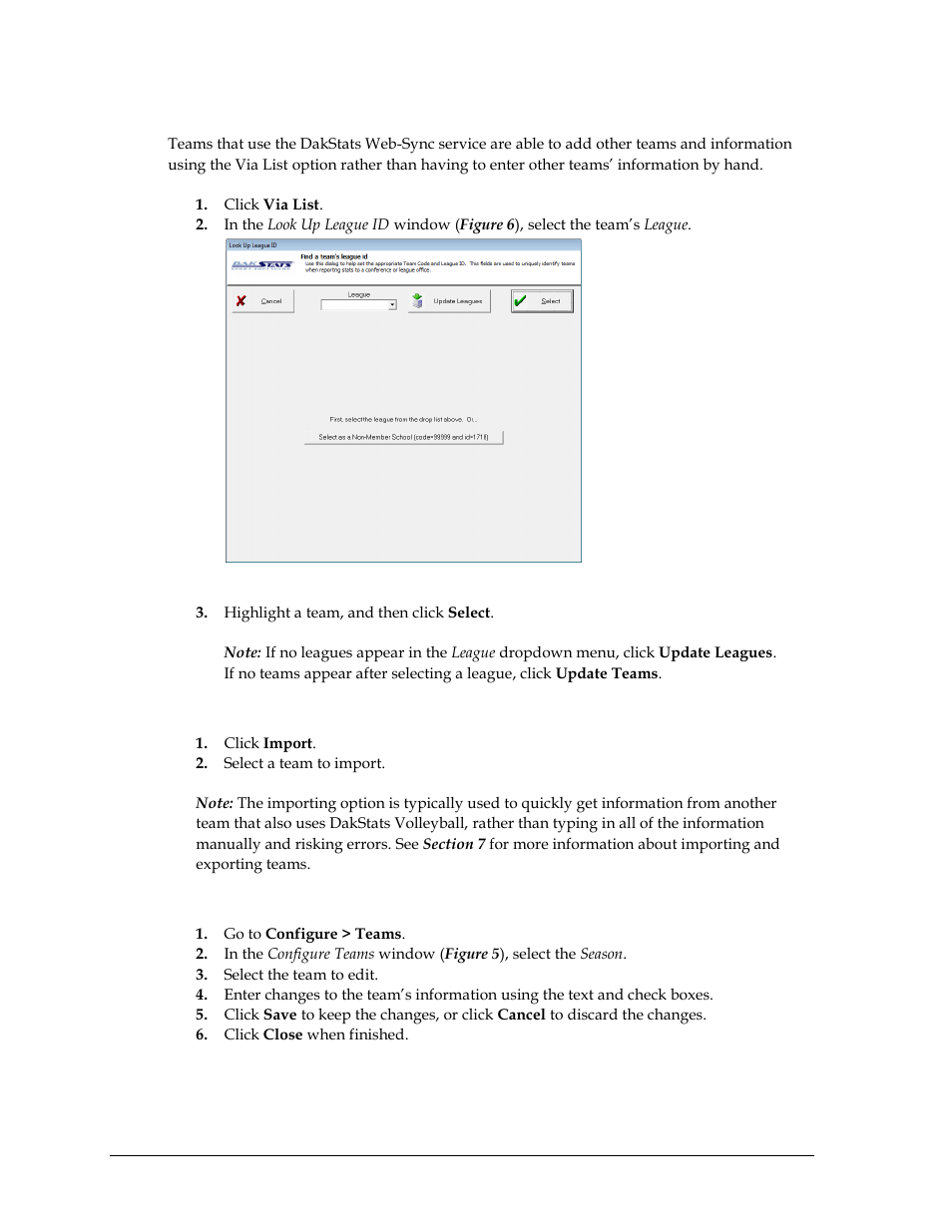 To add a new team via list, To import a team, Editing a team | Daktronics DakStats Volleyball User Manual | Page 14 / 67