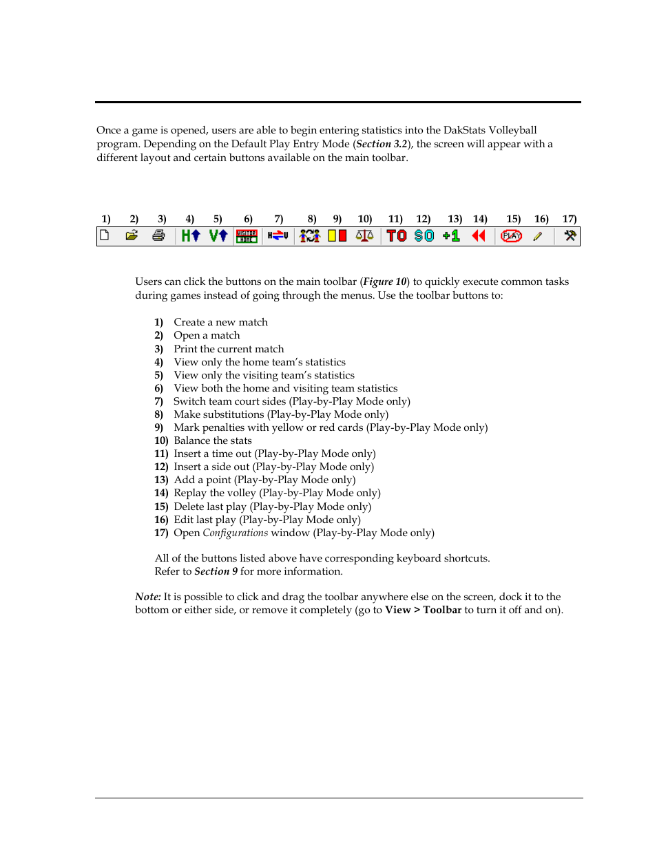 Section 5: in game operations, 1 main toolbar, Section 5 | In game operations, Main toolbar | Daktronics DakStats Volleyball User Manual | Page 19 / 67
