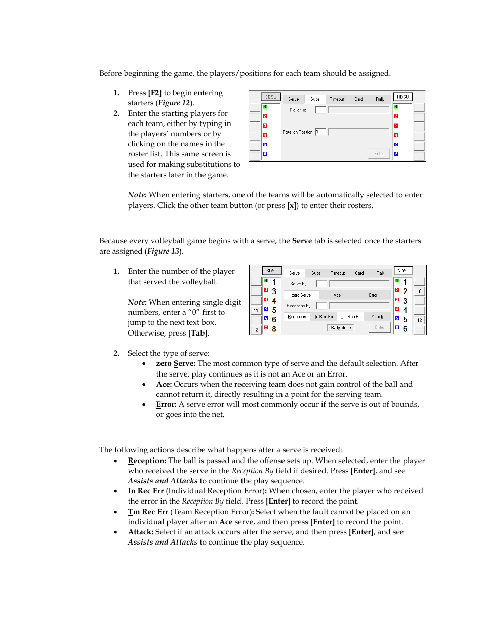Entering starters, Serves, Receiving serves | Daktronics DakStats Volleyball User Manual | Page 21 / 67