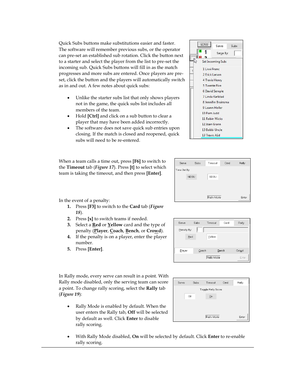 Quick substitution buttons, Timeouts, Cards | Rally scoring | Daktronics DakStats Volleyball User Manual | Page 23 / 67