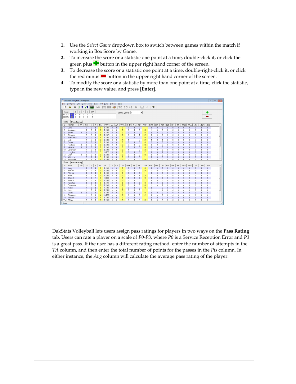 Entering scores & statistics, Pass ratings tab | Daktronics DakStats Volleyball User Manual | Page 28 / 67
