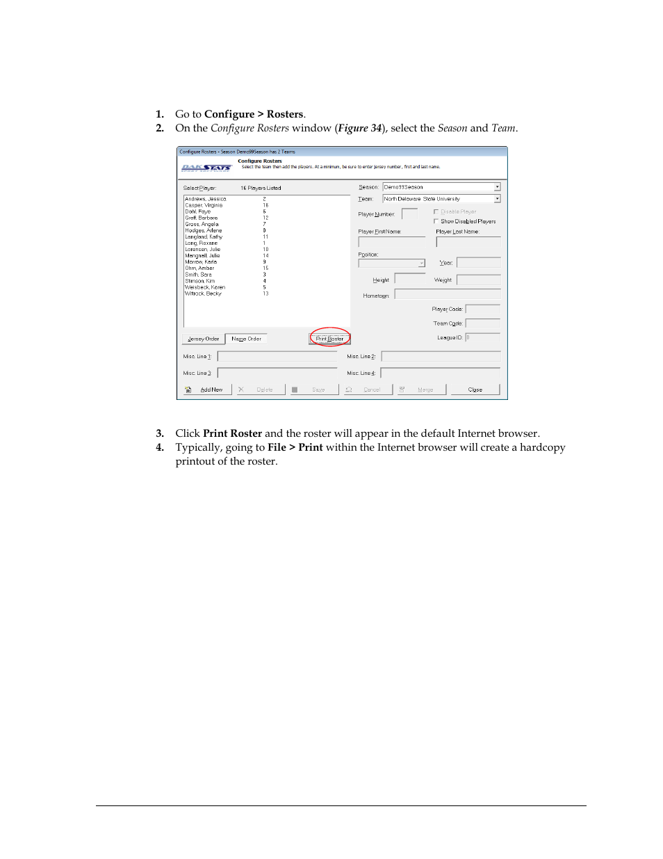 4 roster printouts, Roster printouts | Daktronics DakStats Volleyball User Manual | Page 33 / 67