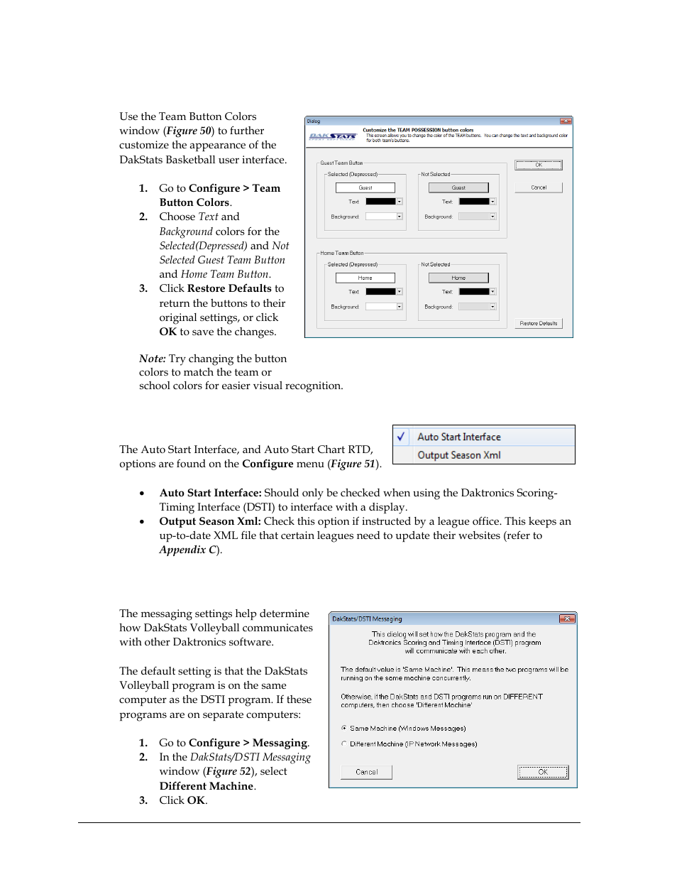 5 team button colors, 6 auto start options, 7 messaging | Team button colors, Auto start options, Messaging | Daktronics DakStats Volleyball User Manual | Page 44 / 67