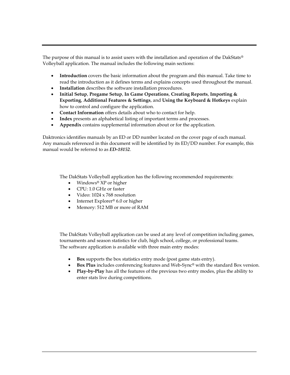 Section 1: introduction, 1 system requirements, 2 levels of play | Section 1, Introduction, System requirements, Levels of play | Daktronics DakStats Volleyball User Manual | Page 7 / 67