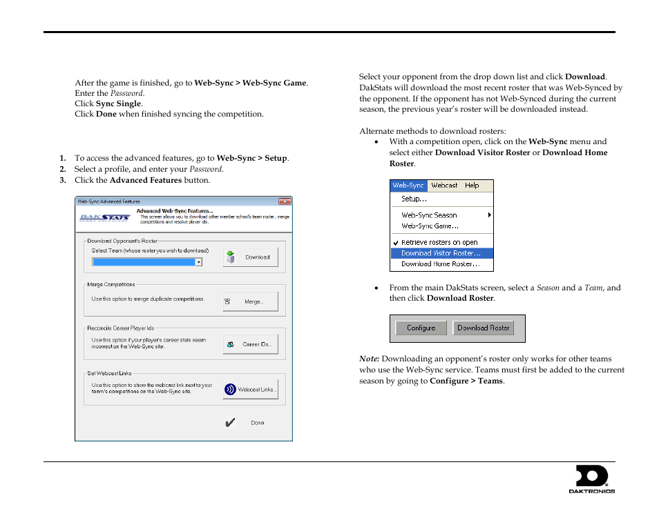 Web-sync game, Advanced features, Downloading rosters | Dakstats web-sync setup guide 4 of 7 | Daktronics DakStats Web-Sync User Manual | Page 4 / 7
