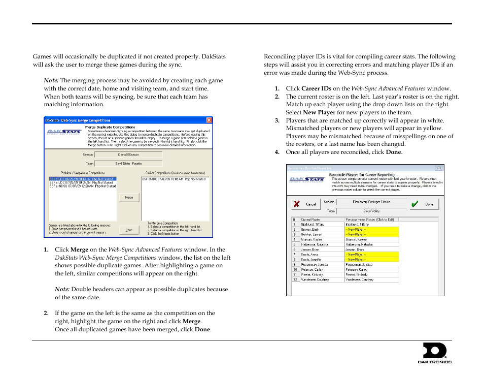 Merging competitions, Reconcile career player ids, Dakstats web-sync setup guide 5 of 7 | Daktronics DakStats Web-Sync User Manual | Page 5 / 7