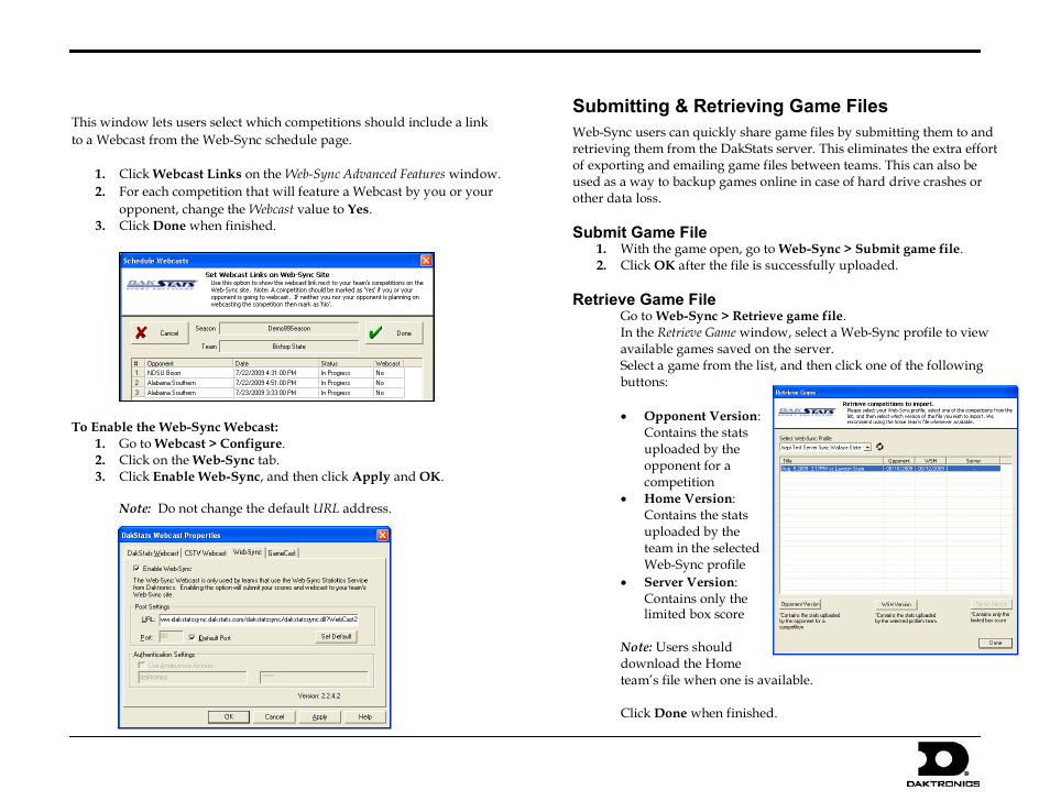 Set webcast links, Submitting & retrieving game files, Submit game file | Retrieve game file, Dakstats web-sync setup guide 6 of 7 | Daktronics DakStats Web-Sync User Manual | Page 6 / 7