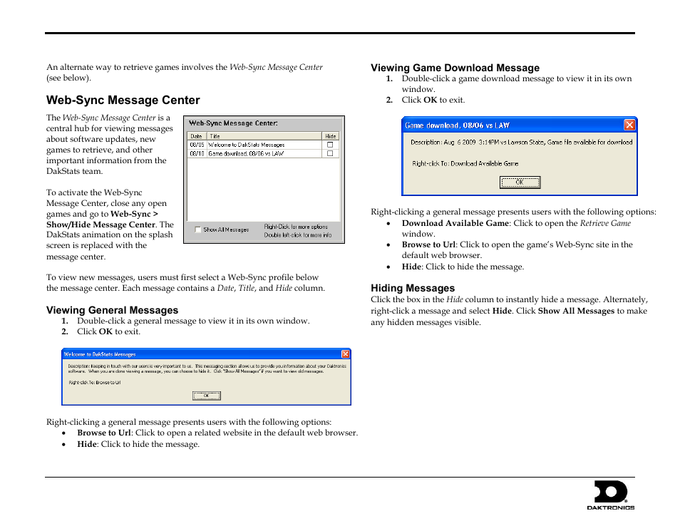 Web-sync message center, Viewing general messages, Viewing game download message | Hiding messages, Dakstats web-sync setup guide 7 of 7 | Daktronics DakStats Web-Sync User Manual | Page 7 / 7