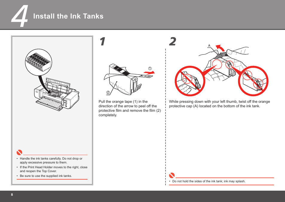 Install the ink tanks | Canon PIXMA K10335 User Manual | Page 10 / 36