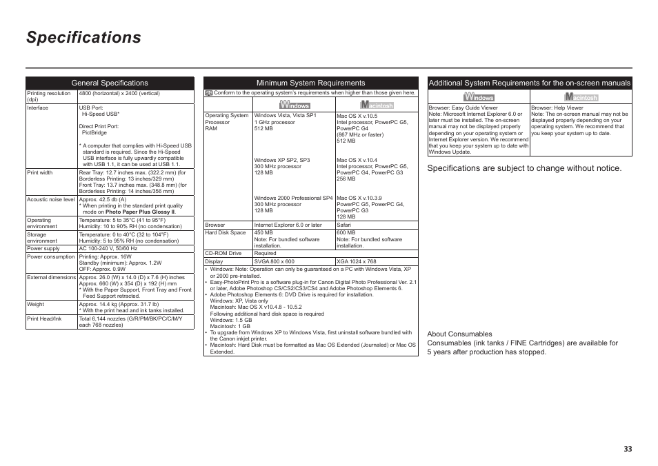 Specifications, Minimum system requirements, General specifications | Canon PIXMA K10335 User Manual | Page 35 / 36