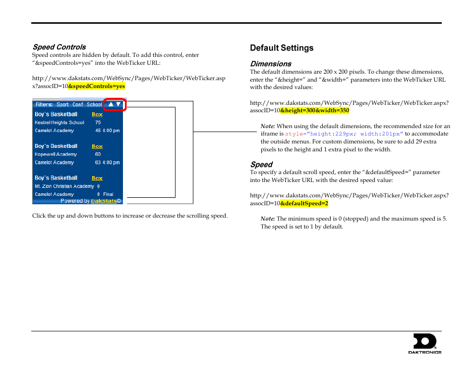 Speed controls, Default settings, Dimensions | Speed, Dakstats webticker quick guide 2 of 3 | Daktronics DakStats WebTicker User Manual | Page 2 / 3