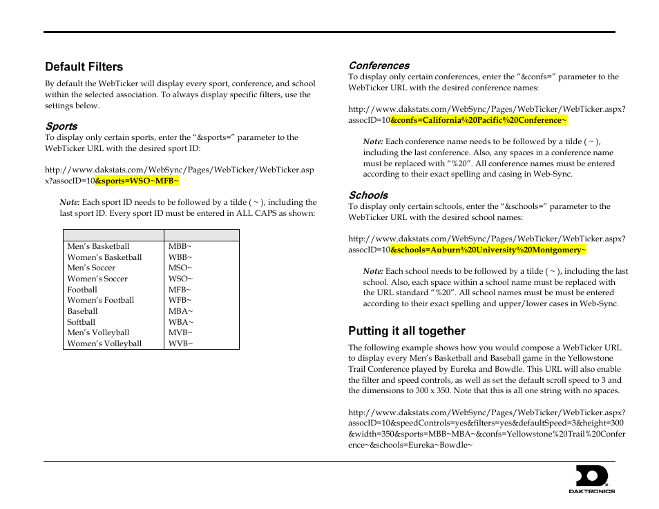 Default filters, Sports, Conferences | Schools, Putting it all together, Dakstats webticker quick guide 3 of 3 | Daktronics DakStats WebTicker User Manual | Page 3 / 3