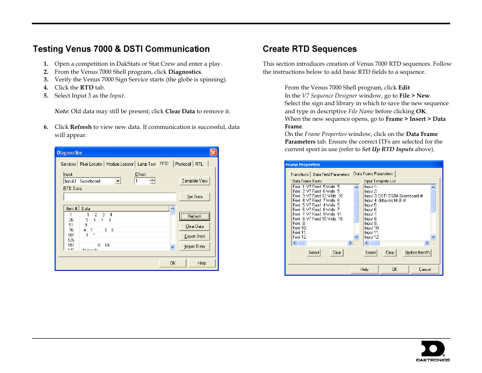 Testing venus 7000 & dsti communication, Create rtd sequences | Daktronics DakStats/Stat Crew & Venus 7000 User Manual | Page 2 / 5