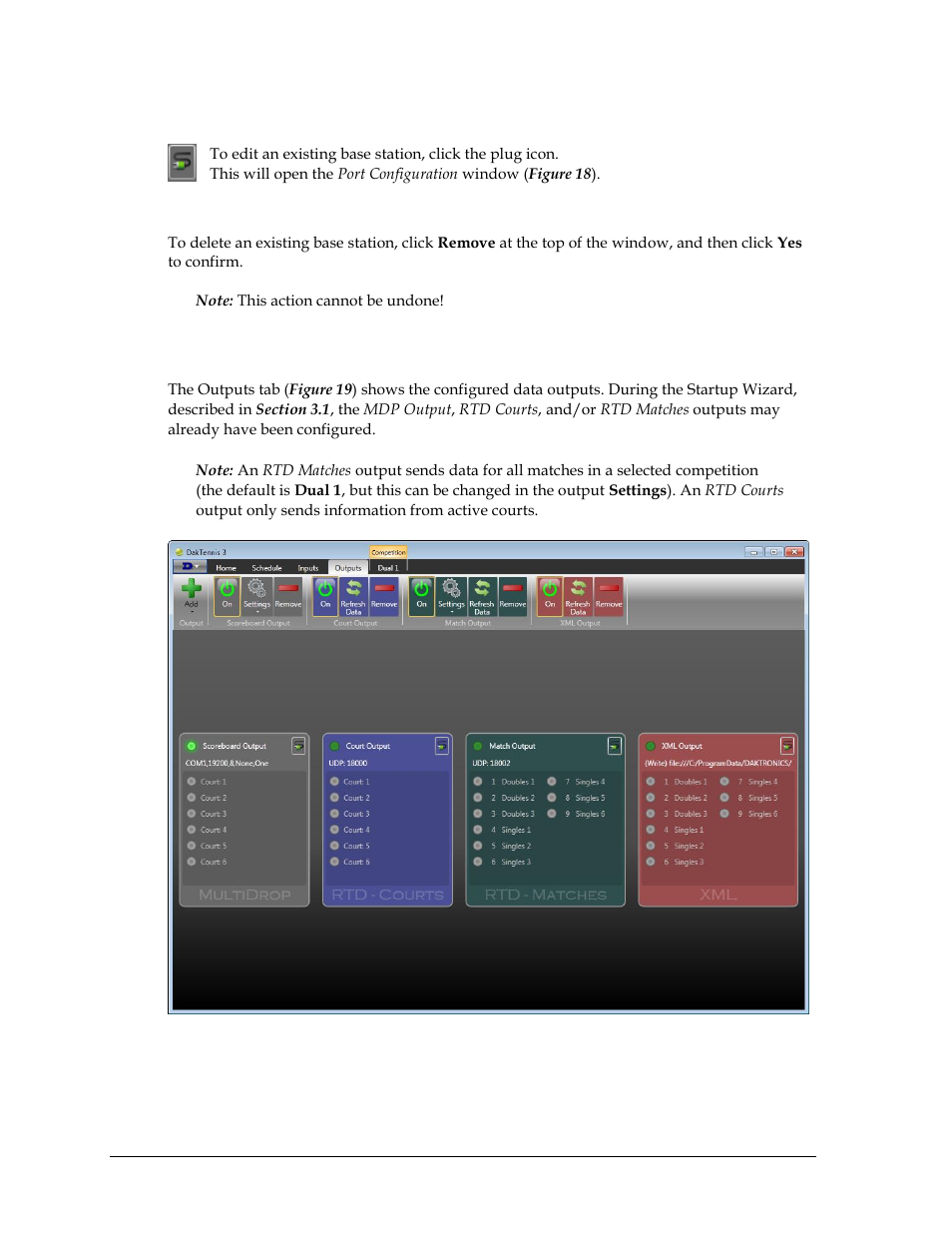 Editing base stations, Deleting base stations, 4 outputs tab | Outputs tab | Daktronics DakTennis Version 3 User Manual | Page 20 / 34