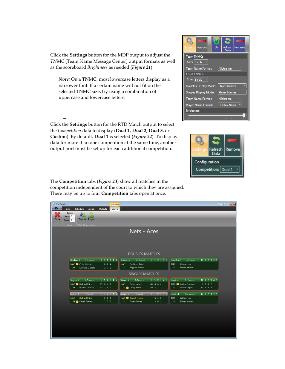 Output settings, Rtd – matches, 5 competition tabs | Competition tabs | Daktronics DakTennis Version 3 User Manual | Page 22 / 34