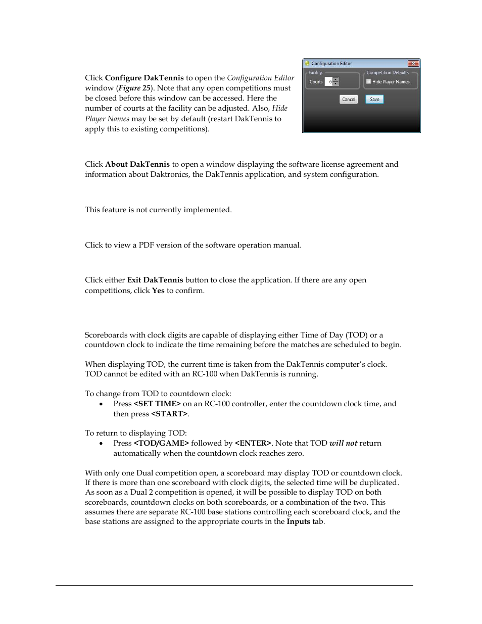 Configure daktennis, About daktennis, Quick start guide | View manual, Exit daktennis, 7 clocks, Figure 25 ) | Daktronics DakTennis Version 3 User Manual | Page 24 / 34