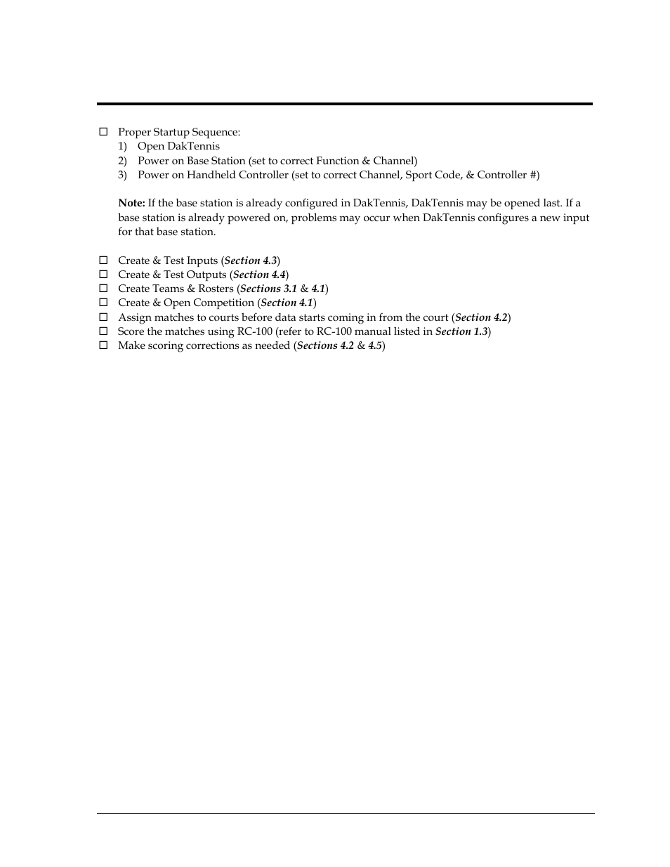 Section 5: startup checklist, Section 5, Startup checklist | Daktronics DakTennis Version 3 User Manual | Page 25 / 34
