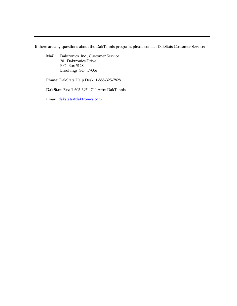 Section 6: contact information, Section 6, Contact information | Daktronics DakTennis Version 3 User Manual | Page 27 / 34