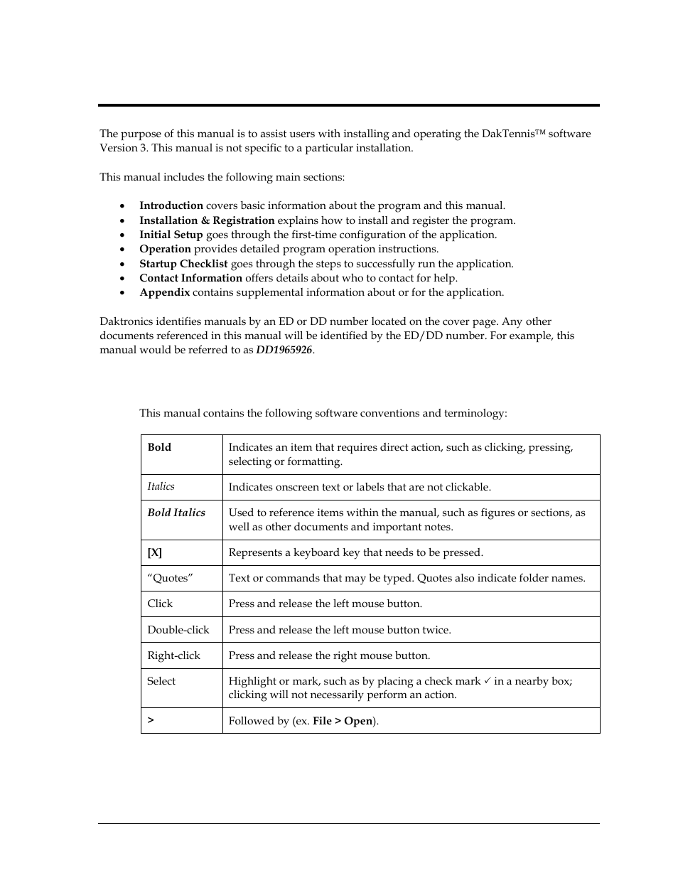 Section 1: introduction, 1 software conventions, Section 1 | Introduction, Software conventions | Daktronics DakTennis Version 3 User Manual | Page 5 / 34
