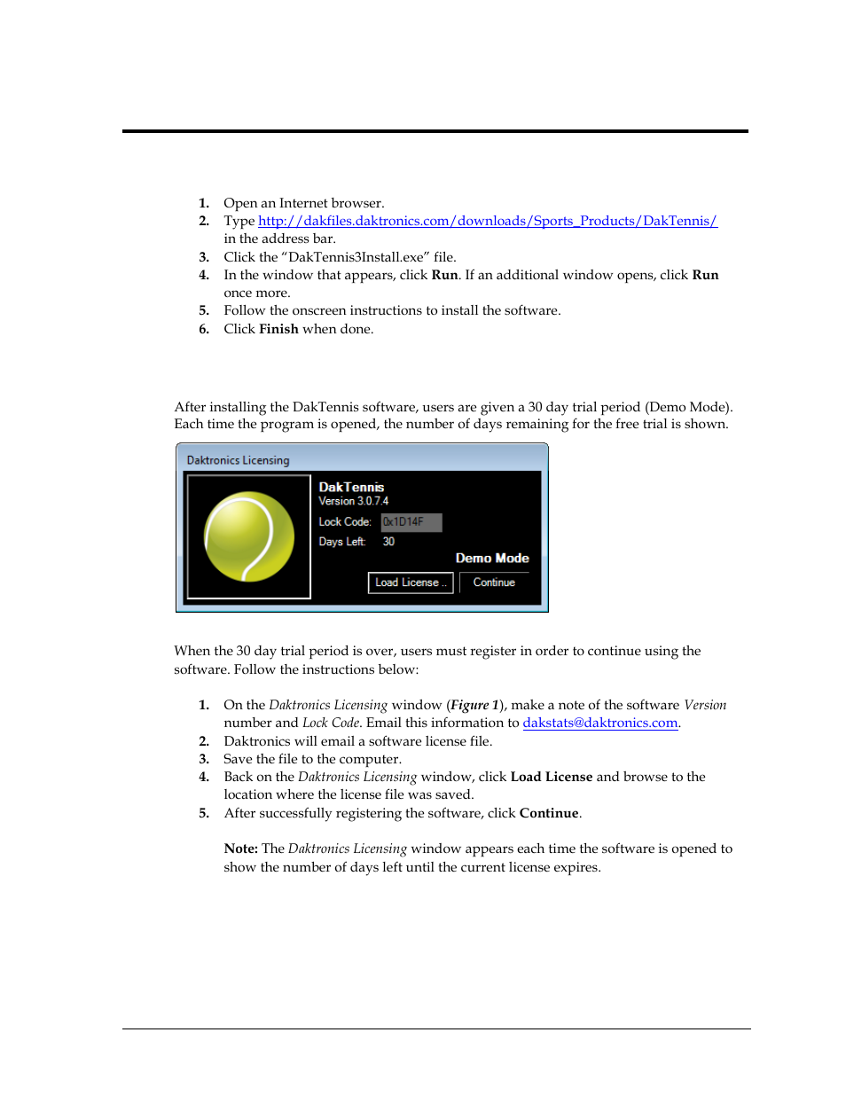 Section 2: installation & registration, 1 installation, 2 registration | Section 2, Installation & registration, Installation, Registration | Daktronics DakTennis Version 3 User Manual | Page 7 / 34