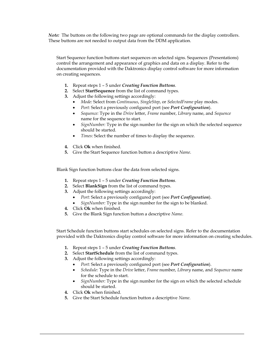 Start sequence function buttons, Blank sign function buttons, Start schedule function buttons | Daktronics Data Manager (DDM) User Manual | Page 17 / 34
