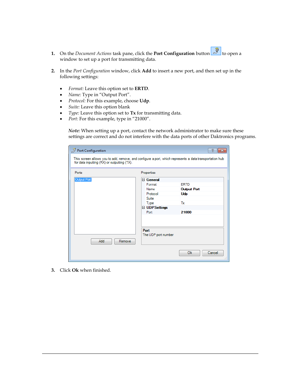 Creating an output port | Daktronics Data Manager (DDM) User Manual | Page 29 / 34