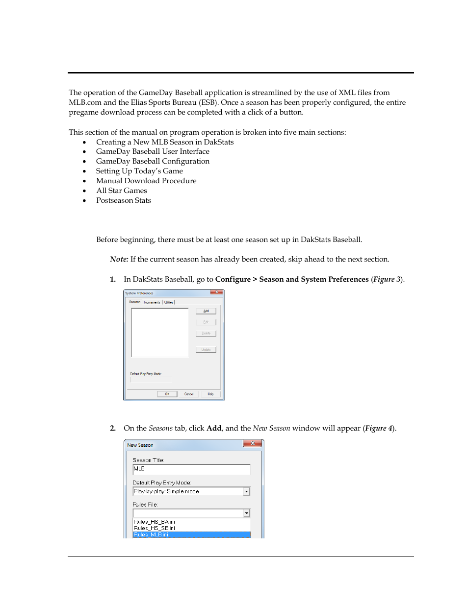 Section 3: operation, 1 creating a new mlb season in dakstats, Section 3 | Operation, Creating a new mlb season in dakstats | Daktronics GameDay Baseball User Manual | Page 11 / 34